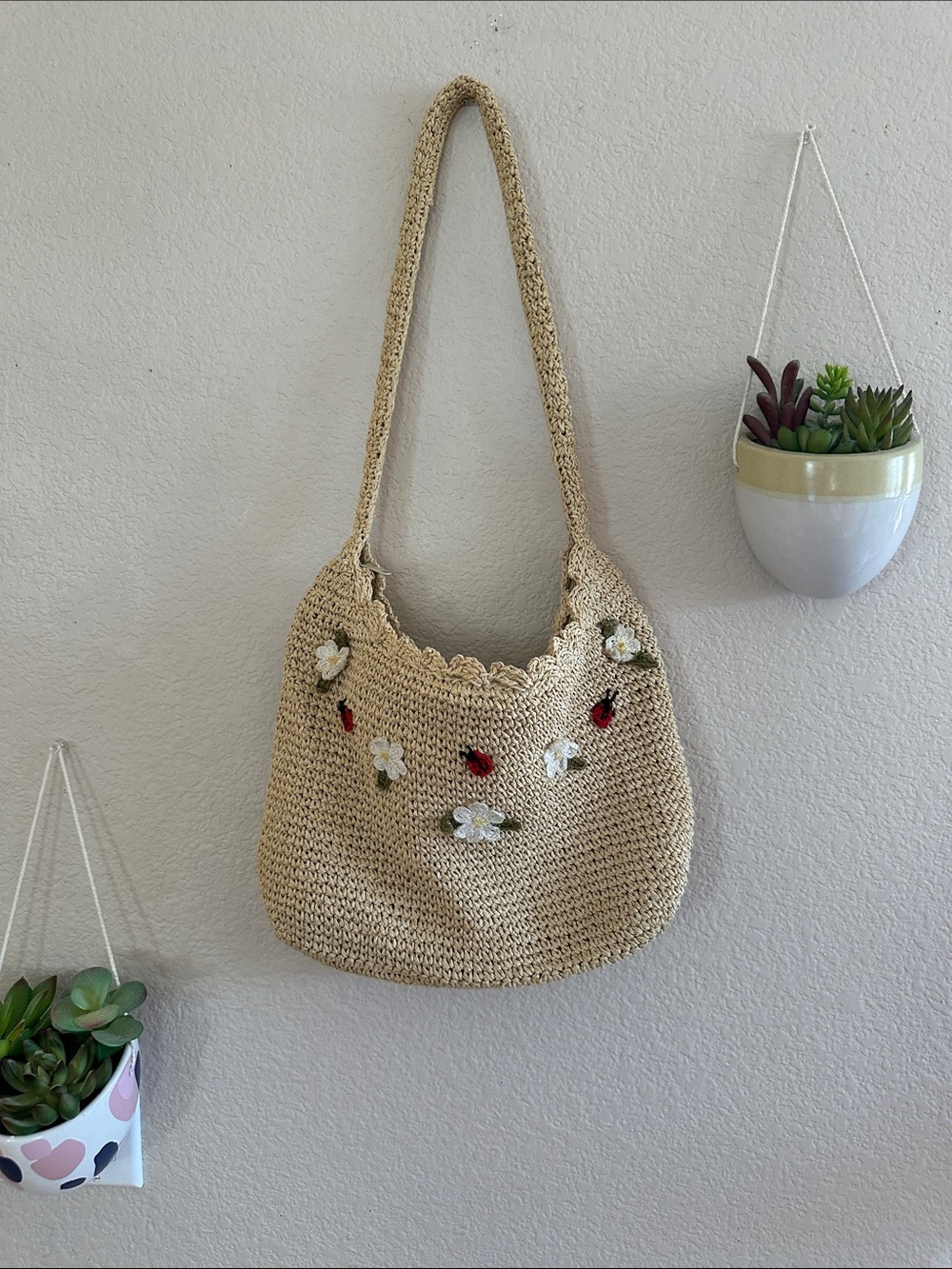 Capelli of New York Vintage Crochet Straw Handbag Ladybug Flower Purse Bag